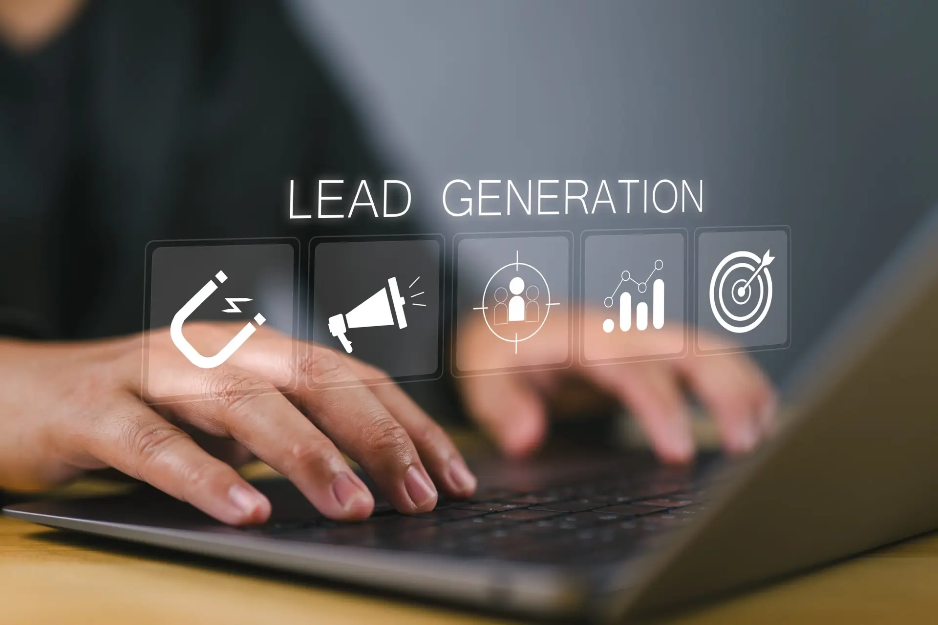 The image shows a person typing on a laptop keyboard with digital icons floating above their hands. The icons represent various aspects of lead generation, including a magnet, a megaphone, a target audience, data analytics, and a target symbol, with the words "LEAD GENERATION" prominently displayed above the icons.