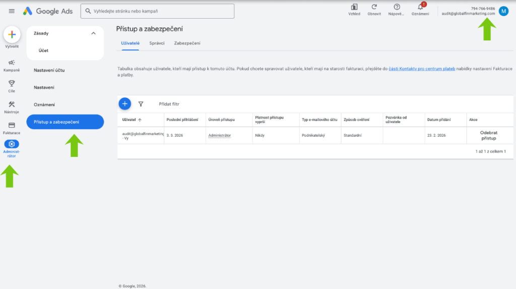 Snímek obrazovky z Google Ads